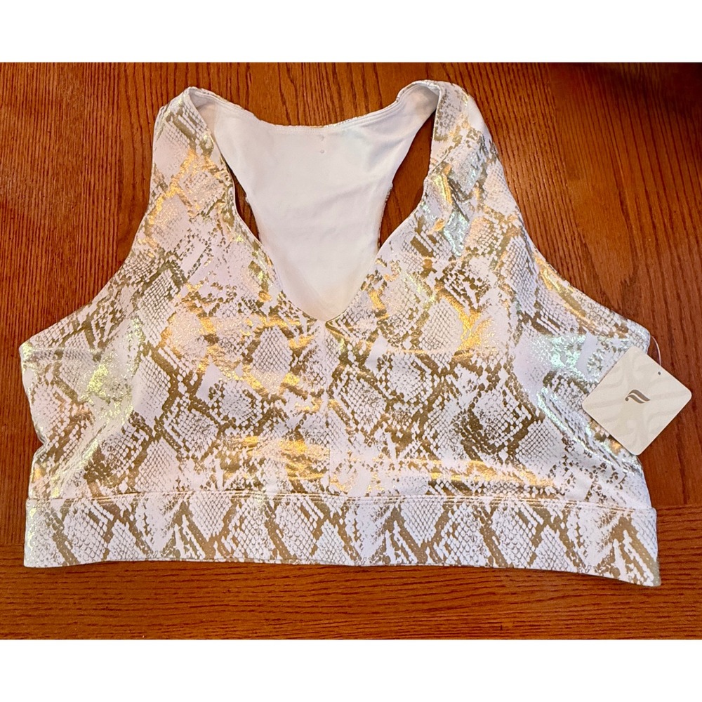 Fabletics Sports Bra Womens 3X White Gold New Snakeskin Foil Racerback